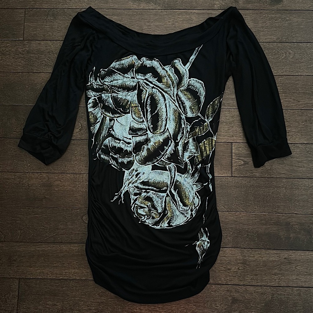 Arden B Black Gold Metallic Floral Print Top M